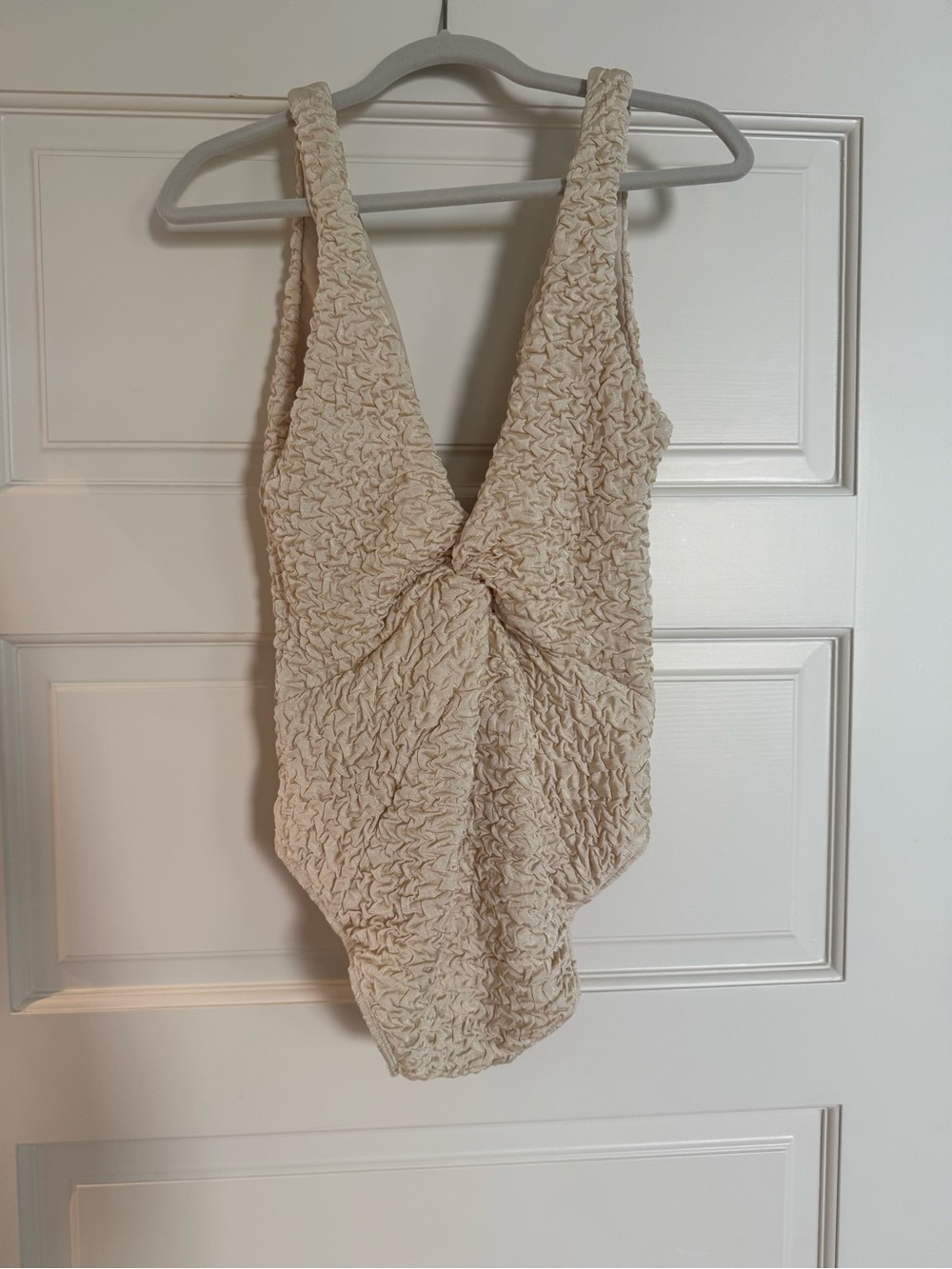 Twist-Front Cream Textured One-Piece Swimsuit